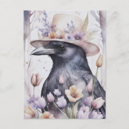 Krähe mit Hut im Frühling mit Blumen Watercolor Vykort