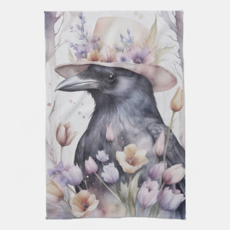 Krähe Rabe Crow mit Hut und Blumen Watercolor Kökshandduk