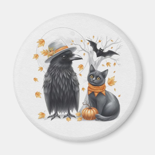 Krähe und Katze Halloween Herbst Crow  Magnet (Framsidan)