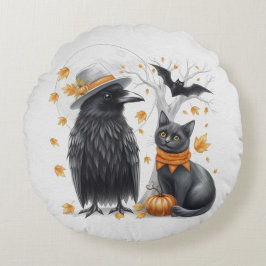 Krähe und Katze Halloween Herbst Crow Rund Kudde