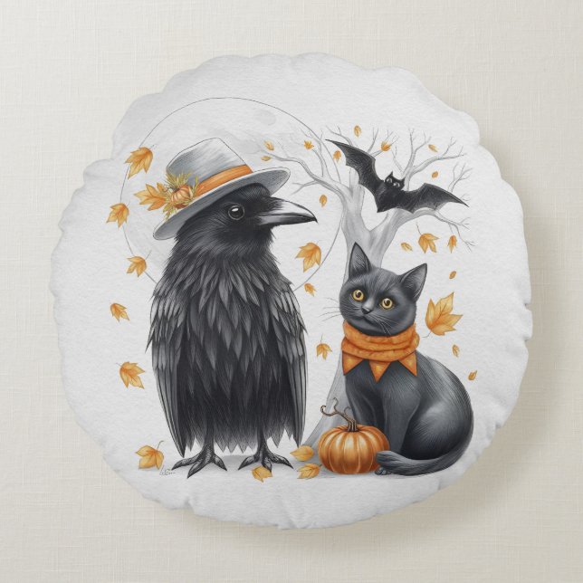 Krähe und Katze Halloween Herbst Crow  Rund Kudde (Framsidan)