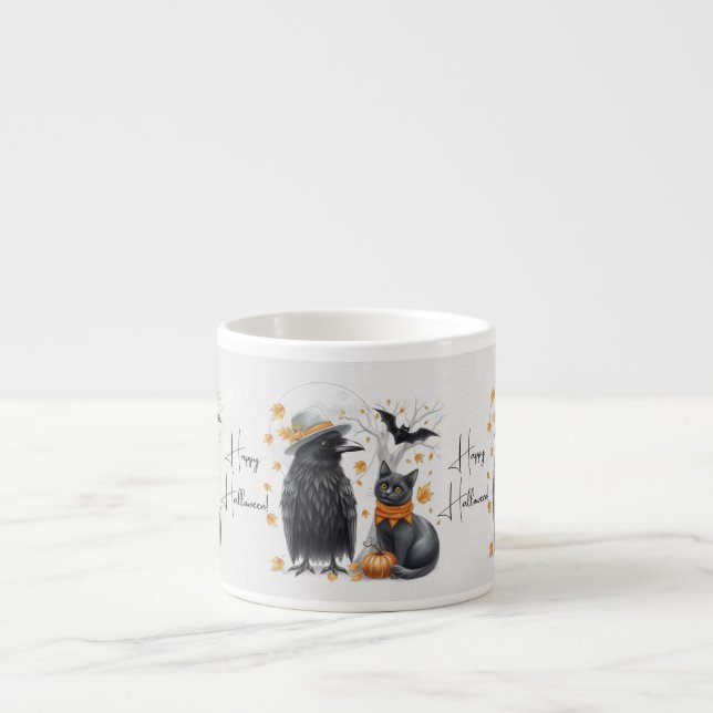 Krähe und Katze „Happy Halloween!“ Crow Tasse Espressomugg (Framsidan)