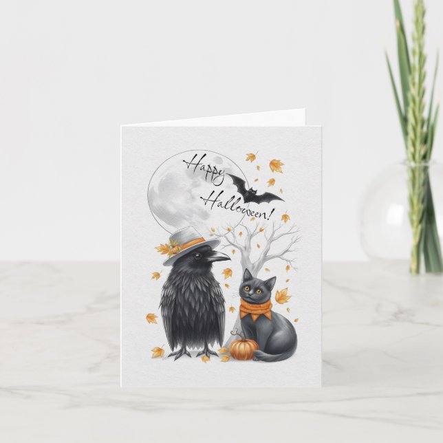 Krähe und Katze Herbst Halloween Crow Grußkarte Tack Kort (Framsida)