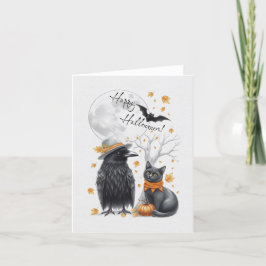 Krähe und Katze Herbst Halloween Crow Grußkarte Tack Kort