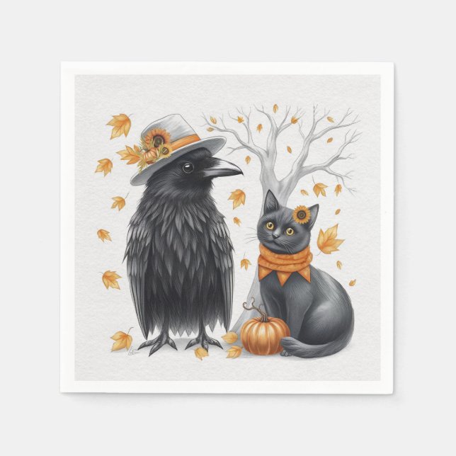Krähe und Katze Herbst Thanksgiving Crow  Pappersservett (Framsidan)