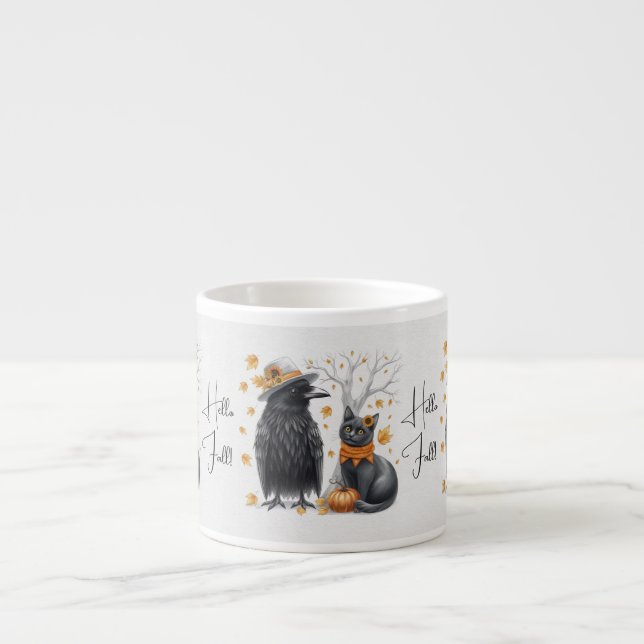 Krähe und Katze im Herbst „Hello Fall“ Crow Espressomugg (Framsidan)
