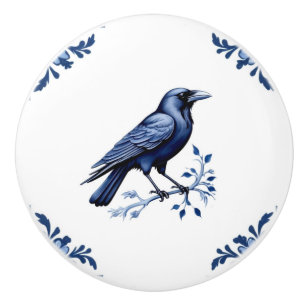 Kråka Bird Delft Blue and White Blommigt Corners Knopp