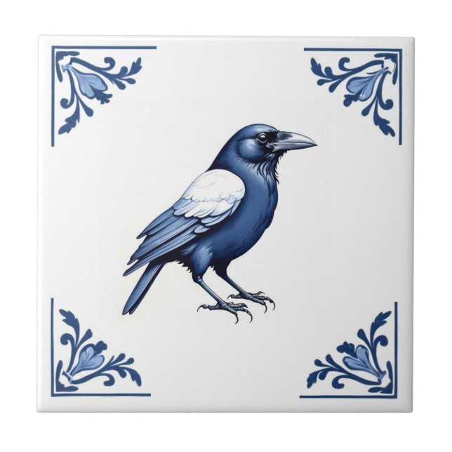 Kråka Delft Blue and White Blommigt Corners Bird Kakelplatta (Framsidan)