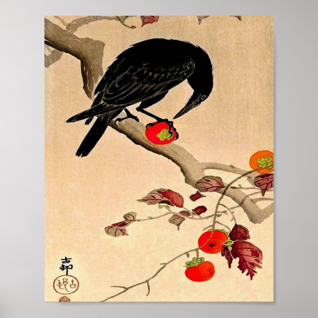 Kråka för att äta en persimon av Ohara Koson Poster (Framsidan)