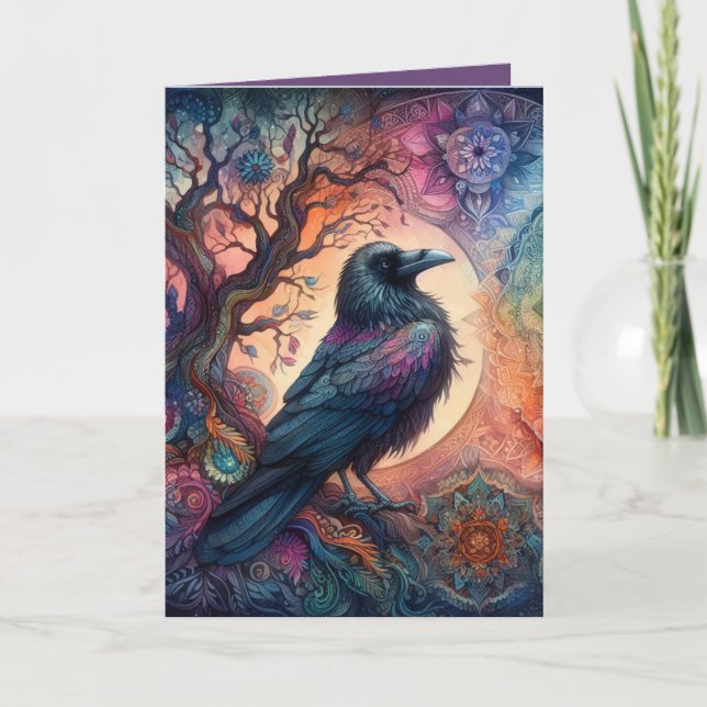 Kråka Livets träd Mandala Pagan Kort (Framsida)