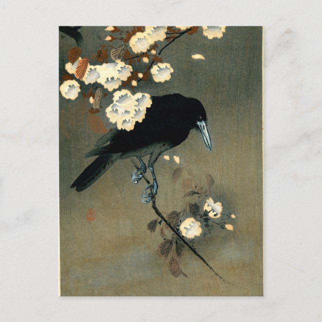 Kråka och Blommar av Ohara Koson (1910) Vykort (Framsida)