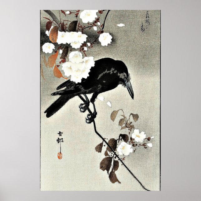 Kråka- och Cherry-Blommar av Ohara Koson Poster (Framsidan)