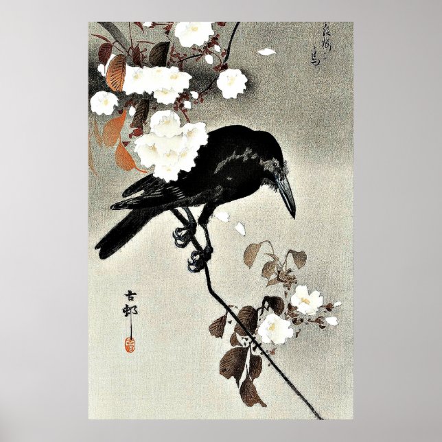 Kråka- och Cherry-Blommar av Ohara Koson Poster (Framsidan)
