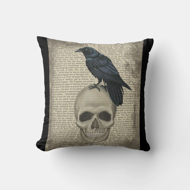 Kråka och dödskalle, halloween, gotisk kudde (Framsida)