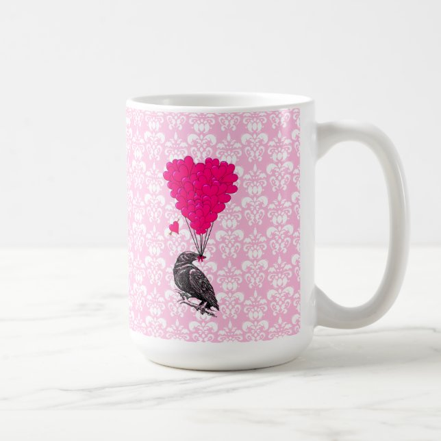 Kråka och hjärta på rosa damm kaffemugg (Höger)