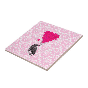 Kråka och hjärta på rosa damm kakelplatta