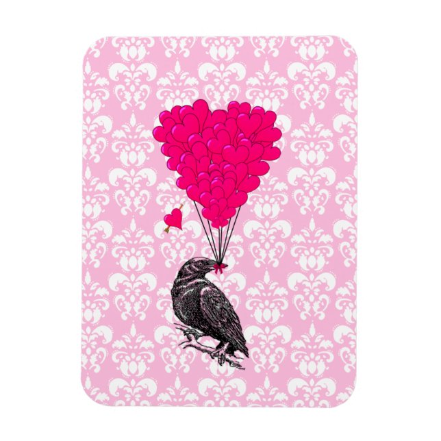 Kråka och hjärta på rosa damm magnet (Vertikal)