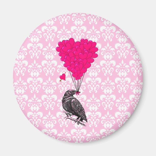Kråka och hjärta på rosa damm magnet (Framsidan)
