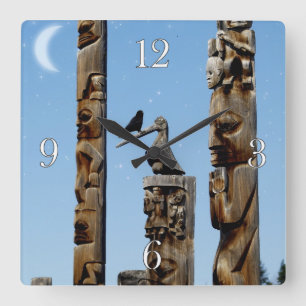 Kråka och totem Poles Native American Art Clock Fyrkantig Klocka