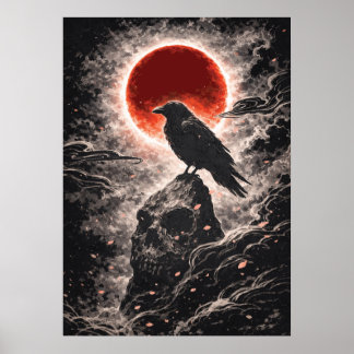 Kråka på dödskalleberg under röd måne, japansk kon poster