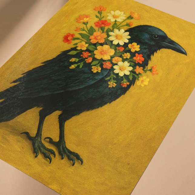 Kråka Poster för möbelavskärmning eller väggkonst (Autumn themed crow with flowers poster for wall art or furniture decoupage.)