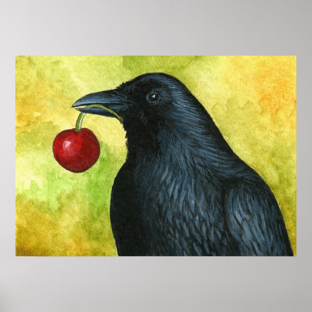 Kråka Raven Bird 55 som innehar körsbär Poster (Framsidan)