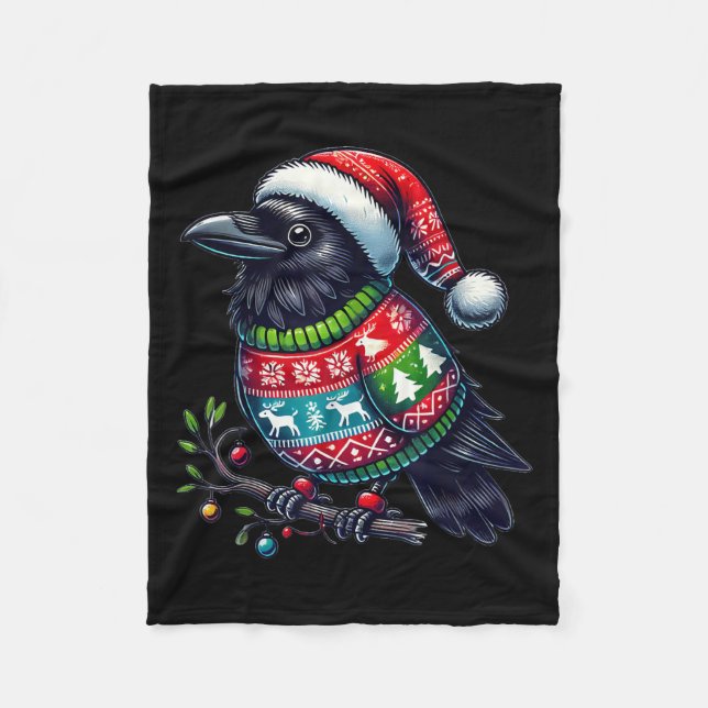 Kråka Raven Bird Ugly Sweater Santa Hat jul Fleecefilt (Framsidan)