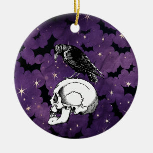 Kråka Raven och Skull Halloween Lila Stars Fladder Julgransprydnad Keramik