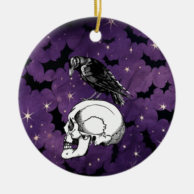 Kråka Raven och Skull Halloween Lila Stars Fladder Julgransprydnad Keramik (Framsidan)
