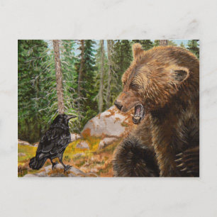 Kråka Raven teasing Grizzly Bear willife vycard Vykort