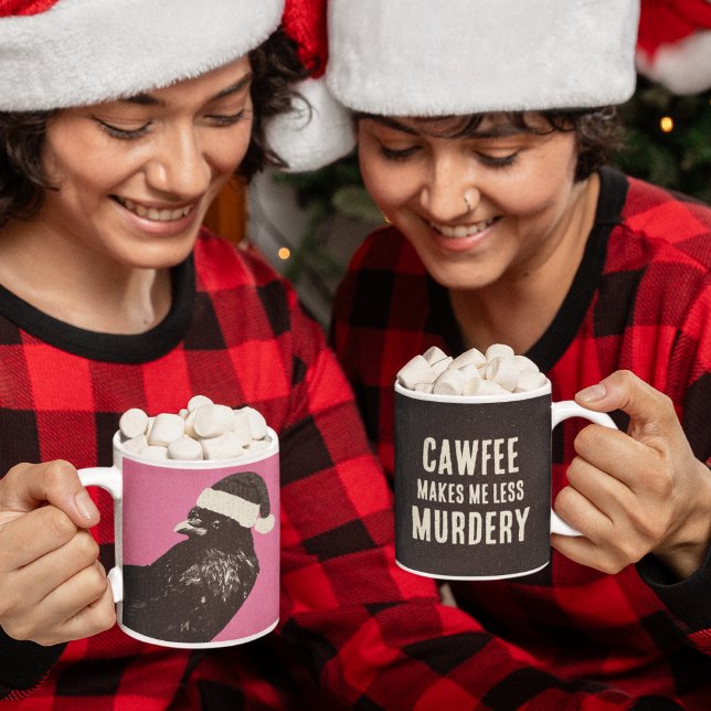 Kråka Santa Cawfee Less Murdery Kaffemugg (Pink and black retro crow Christmas mug is double-sided with a funny quote on the back.)
