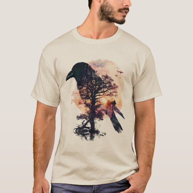 Kråka Silhouette - Raven Silhouette vid Sunset T Shirt (Framsida)