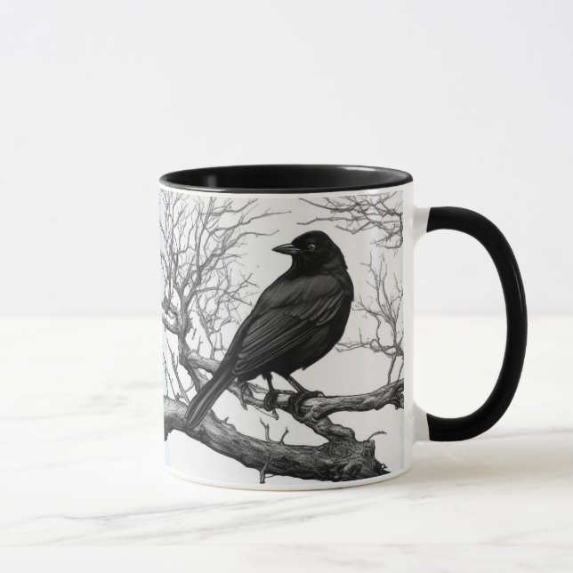 Kråka sittande på kala vintergrenar mugg (Höger)
