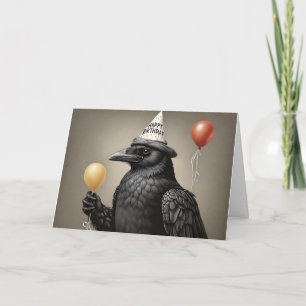 Kråka som håller gult ballong grattis på födelseda kort