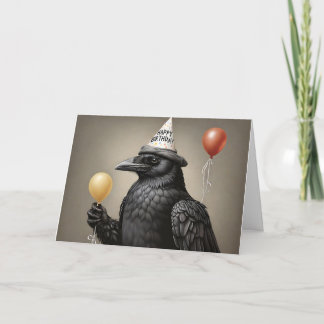 Kråka som håller gult ballong grattis på födelseda kort