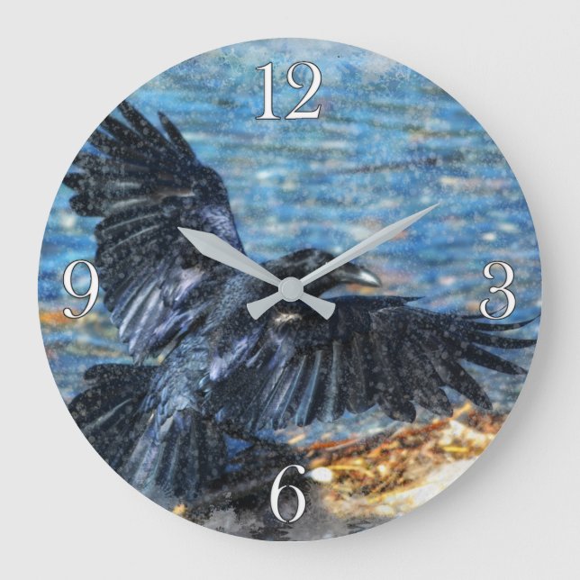 Kråka Wildlife-älskare Watercolor Art Clock Stor Klocka (Framsida)