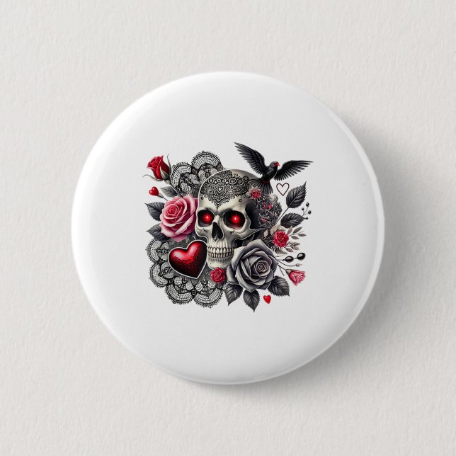 Kråkan Skull Tattoo Hearts Gothic Valentiness Occu Knapp (Framsida)