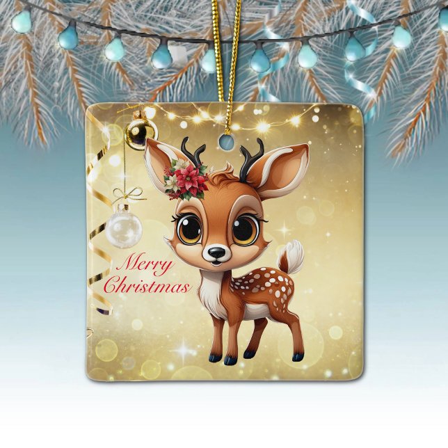 Kråkbock, hjort, dovvilt, ren 🦌 🎄God Jul Julgransprydnad Keramik (Reindeer, Floral Fawn, Doe Poinsettia Customizable Merry Christmas Gold Square Ceramic Ornament🦌🎄)