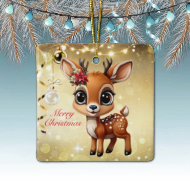 Kråkbock, hjortkalv, dovhjort, ren 🦌 🎄God Jul Julgransprydnad Keramik (Reindeer Floral Fawn Doe Poinsettia Customizable Merry Christmas White Square Ceramic Ornament 🦌🎄)