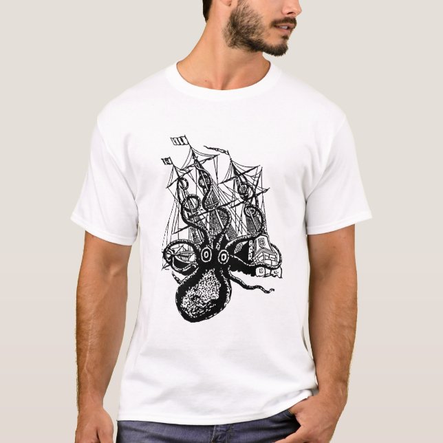 Kraken attack! Jätte- bläckfiskattack Tee Shirt (Framsida)