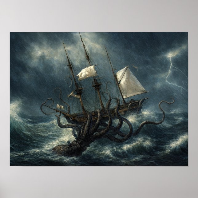 Kraken Attackerar Fartyg Steampunk Poster (Framsidan)