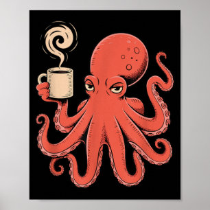 Kraken bläckfisk dricker kaffe på morgonen män poster