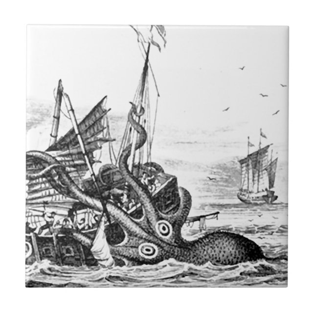 Kraken/bläckfisk Eatting en piratfrakt, svart/vit Kakelplatta (Framsidan)