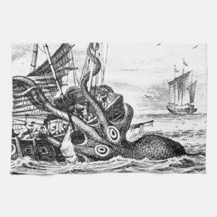 Kraken/bläckfisk Eatting en piratfrakt, svart/vit Kökshandduk