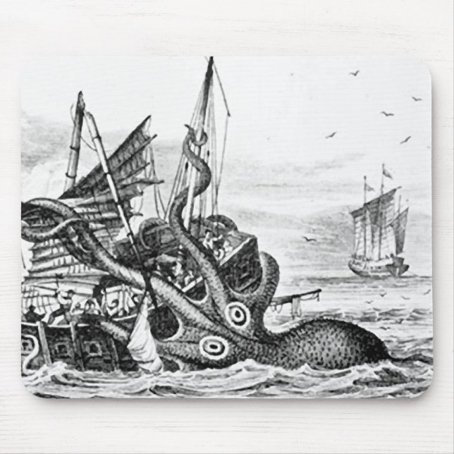 Kraken/bläckfisk Eatting en piratfrakt, svart/vit Musmatta (Framsidan)