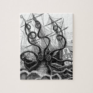 Kraken/bläckfisk Eatting en piratfrakt, svart/vit Pussel