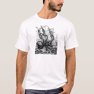 Kraken/bläckfisk Eatting en piratfrakt, svart/vit T-shirt