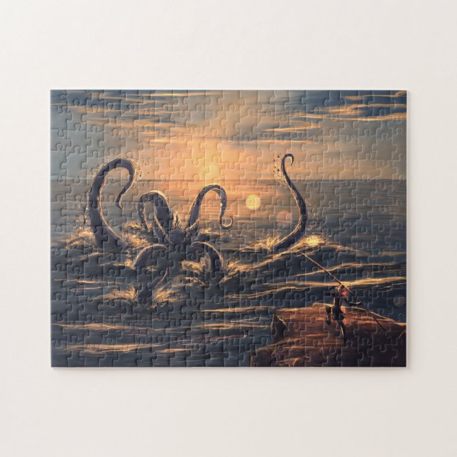 Kraken i havet vid solnedgången pussel (Horisontell)
