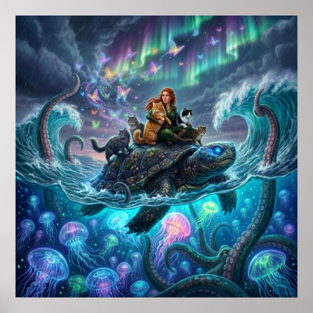 Kraken och World Turtle — Aurora Fantasy Art P Poster (Framsidan)