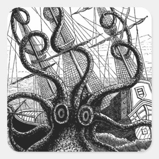 Kraken/Octopus Eating A Pirat Frakt, Black/White Fyrkantigt Klistermärke